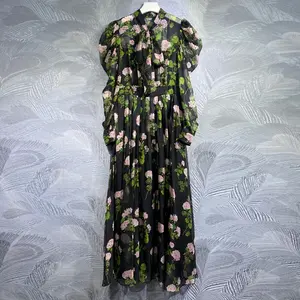 Nuevo Vestido largo de otoño 2023, ropa de alta calidad para mujer, cuello de lazo, hojas verdes, estampados florales, manga larga, vestido largo negro Maxi