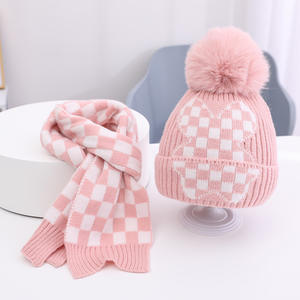 Winter Children's Plaid Jacquard <strong>Beanie</strong> Scarf Two-Piece Set Fleece Lined Knit Hat <strong>with</strong> Pom Pom Outdoor Warm Windproof Hat - Product Image 5
