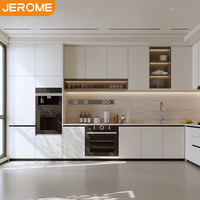 Armoire de cuisine modulaire en MDF avec comptoir en marbre, panneau plat blanc moderne personnalisé sans poignée, avec appareils intégrés