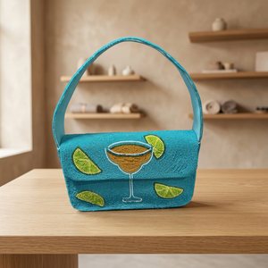 Turquoise <b>Pearl</b> Embroidered Soft Cocktail <b>Clutch</b> Bag with Lemon Martini Design for Evening Party - Product Image 2