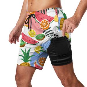 Short décontracté de plage d'été pour homme avec double couche de camouflage slim maillot de bain motif floral logo personnalisable pantalon de plage - Product Image 1