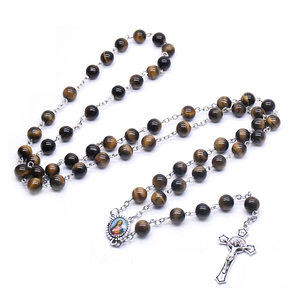 <span class=keywords><strong>Collana</strong></span> di <span class=keywords><strong>rosario</strong></span> di gioielli da <span class=keywords><strong>uomo</strong></span> con croce cattolica di gioielli religiosi con catena di perle di occhio di tigre naturale - Product Image 3
