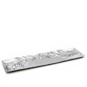 Plateau en argent avec motif de branche d'olivier – Plateau de service méditerranéen en aluminium moulé pour la restauration fine et les catalogues de cadeaux gourmands - Product Image 1