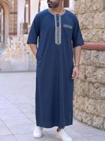 Robes longues respirantes en coton et polyester pour hommes musulmans, à manches courtes, brodées, rayées, style marocain africain, design Abaya