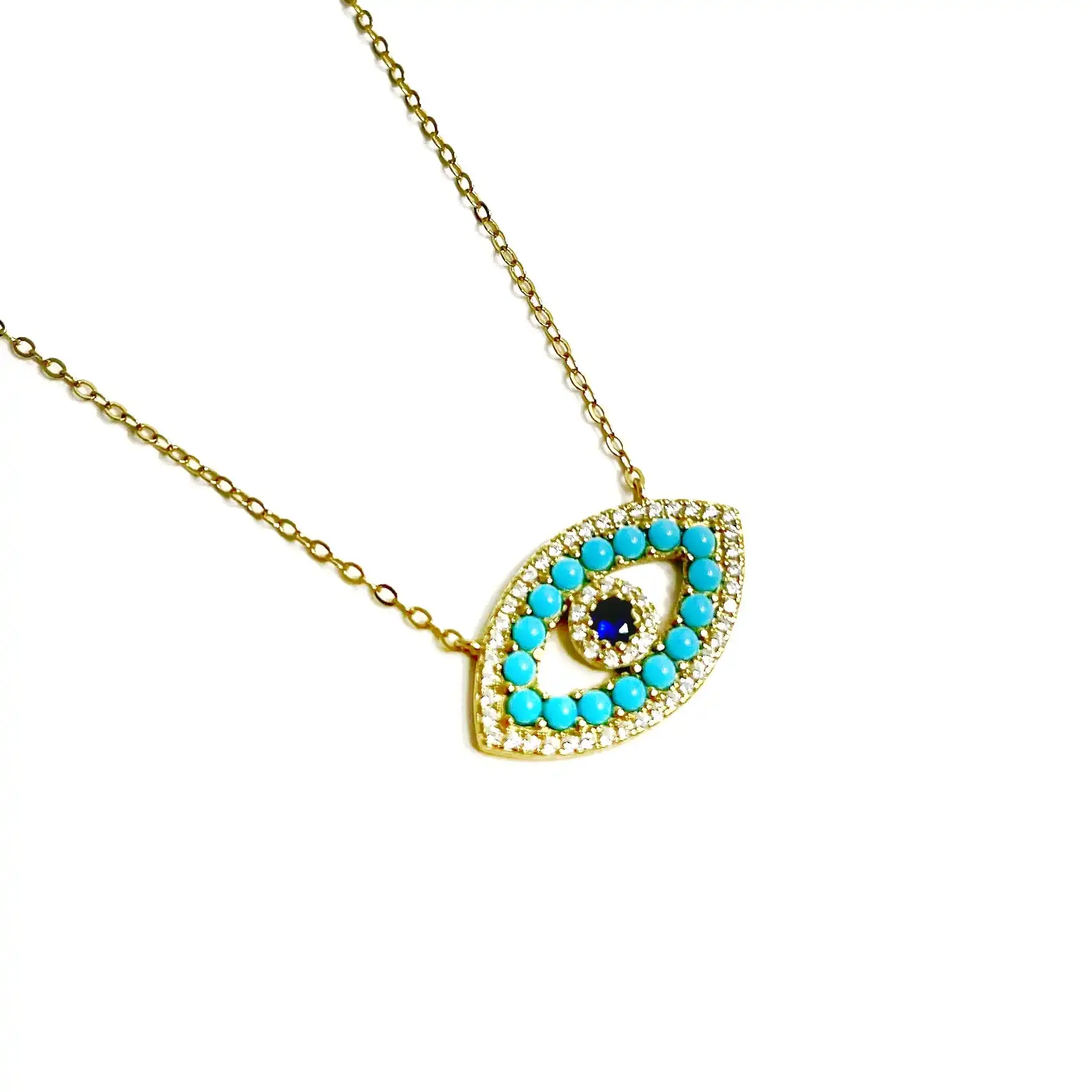 Kualitas Tinggi Emas Disepuh Biru Berlian Turquoise Turki Mata Jahat Liontin Kalung dengan Link Rantai CZ Wanita Fashion Perhiasan