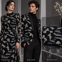 Tissu en maille à sequins noir et argenté abstrait en polyester, fourni par l'usine, pour robes de soirée et costumes de scène