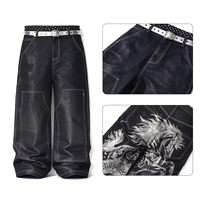 Jean en denim noir délavé, personnalisable OEM/ODM, directement du fabricant, avec imprimé cheval blanc et dos de dragon, surpiqûres contrastées pour homme
