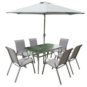 8Pcs Outdoor Garden Dining Chair Rectangular Table 6 Seater Patio Furniture Set with Umbrella