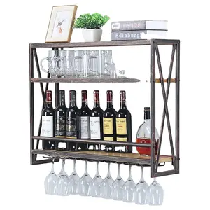 Industrial Wine Racks Wall Mounted with 8 Stem Glass Holder,31.5in Rustic Metal Hanging Wine Holder Wine Accessories