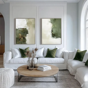 Ensemble <span class=keywords><strong>de</strong></span> 2 peintures abstraites vertes et blanches à l'huile <span class=keywords><strong>sur</strong></span> toile Texture vert foncé <span class=keywords><strong>peinture</strong></span> verte sauge décoration murale abstraite moderne - Product Image 1