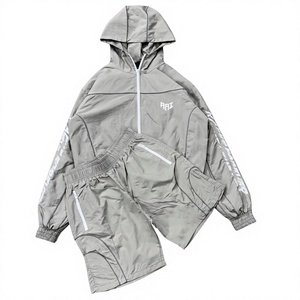 Custom Logo Lightweight Gray Windbreaker Track Suit <b>Men</b> Contrast Piping Hooded <b>Jacket</b> & Shorts 2 Piece Outfit Streetwear <b>Jackets</b> - Product Image 6