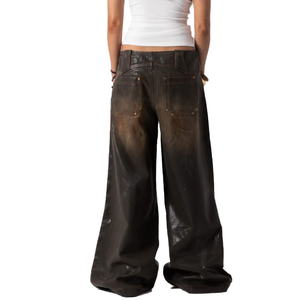 Pantalones vaqueros anchos de cintura baja para mujer con logo personalizado al por mayor, acabado brillante marrón degradado vintage, pantalones holgados con revestimiento de cera - Product Image 4