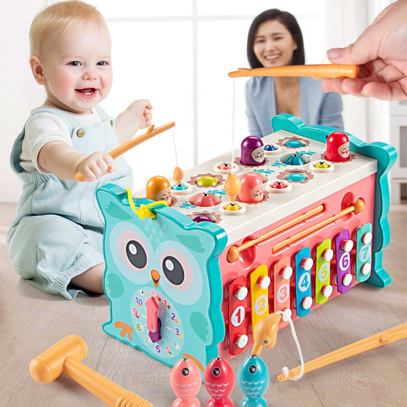 Оптовая продажа деревянные развивающие игрушки 8 в 1 активности стук игровая музыка и рыболовный ящик игрушка для детей