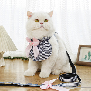 Harnais rayé bleu pour animaux de compagnie avec nœud rose pour chats et chiens, taille petite et moyenne, ceinture de traction en polyester - Product Image 2