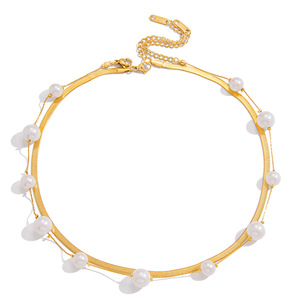 Collier double rangs de perles pour femme en acier inoxydable plaqué or 18 carats avec perles de verre, chaîne rasoir et design géométrique, idéal pour le quotidien - Product Image 5