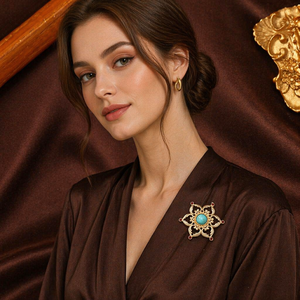 Bros Pin Teratai Turquoise Vintage untuk Wanita, Pin Bunga Berongga Emas Matte Elegan, Perhiasan Gaya Boho Etnik, Hadiah untuk Jas dan Mantel - Product Image 5