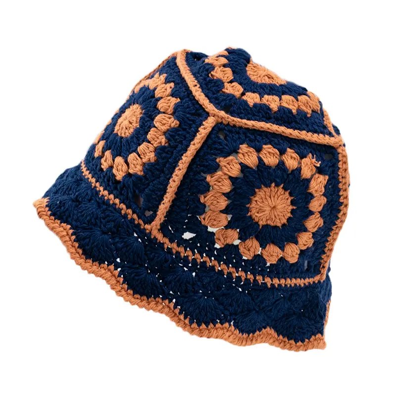 Custom Dikke Warme Modieuze Gebreide Vrouwen Patroon Bloem Cable Knit Emmer Hoed Luxe Winter Hat Haak Beanie