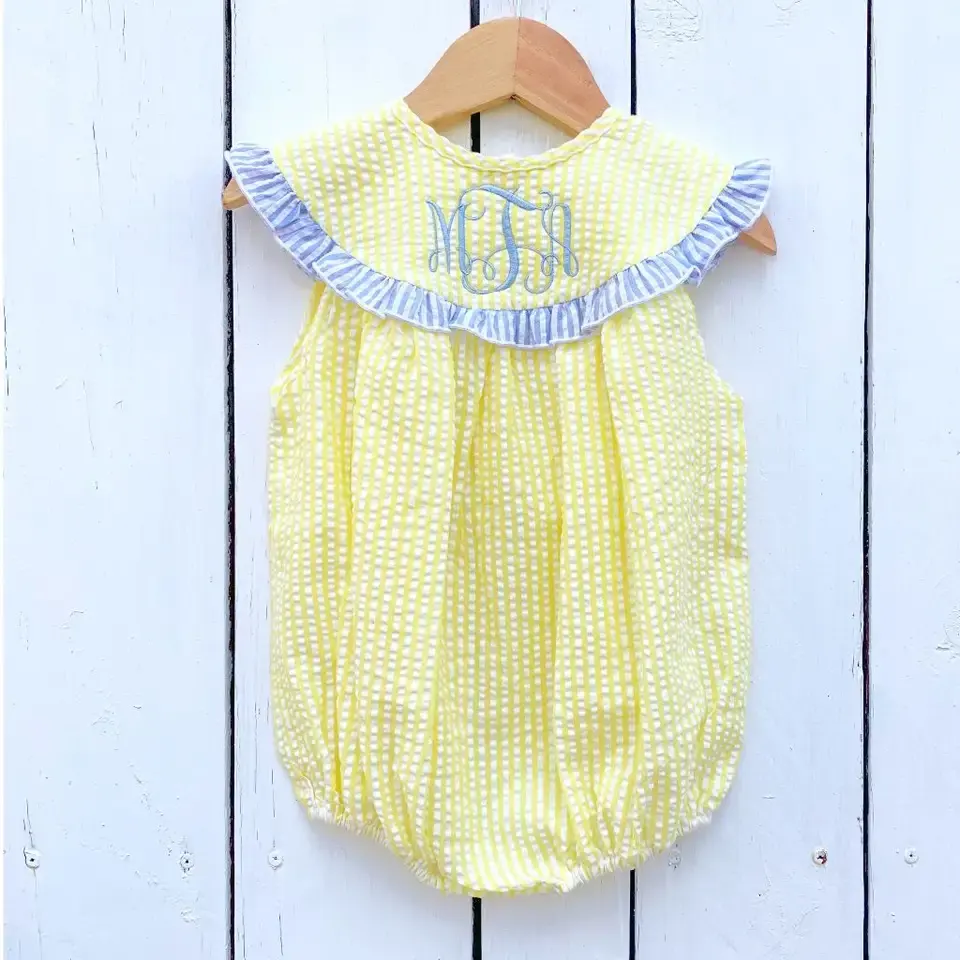 Monogramme bébé fille jaune seerventouse pâques barboteuse enfant en bas âge robe personnalisée bébé fille d'été plage ensemble