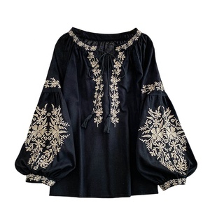 Chemisier <span class=keywords><strong>Femme</strong></span> Brodé <span class=keywords><strong>Style</strong></span> <span class=keywords><strong>Bohème</strong></span> Col Rond Manches Lanterne à Lacets – Nouvelle Collection Automne - Product Image 5