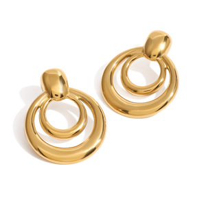 Boucles d'oreilles créoles géométriques double couche en acier inoxydable doré, style fête et mode - Product Image 5