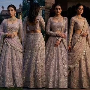 Ensemble Lengha Choli en tissu filet doux avec Dupatta, semi-couture, chemisier non cousu, séchage rapide, style vintage, longueur ras du sol, pour femme, mariage/fête/Diwali - Product Image 2