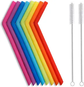 Factory Wholesale Food Grade Reusable Silicon Straw Sets For Juicing Eco-friendly Straight Or Bent Silicone Drinking Straw