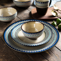 Service de table en céramique, assiette de pâtes, soupe et riz, bol de couleur blanche ou bleue en relief