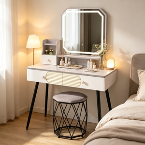 Modern Makeup Vanity <b>With</b> Lighted Mirror <b>Storage</b> Drawers Bedroom <b>Dressing</b> <b>Table</b> <b>With</b> Stool - Product Image 2