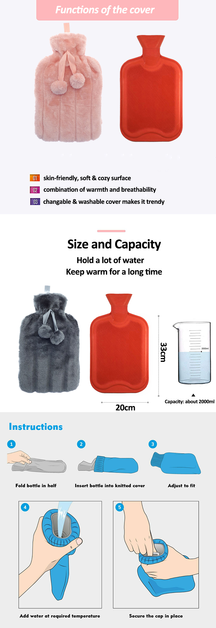 hot selling wholesale hot water bag hot heat pack warm natural rubber hot water bottle with cover