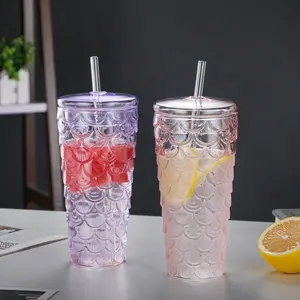 Neues Design Meerjungfrau Glas Kaffeetasse Farbiger Glas becher mit Deckel und Strohhalm