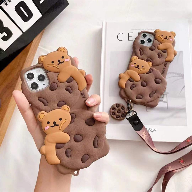 Crossbody Kawaii 3D Cookie Bear Cartoon Silicone Mobile Phone Case with Lanyard for iPhone 16 15 Pro Max Cute Phone Cases