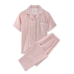 Японская двойная пряжа с коротким рукавом Домашняя одежда хлопковая клетчатая пара Пижама комплект