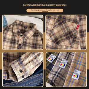 <span class=keywords><strong>Chemise</strong></span> pour homme à manches longues ample vintage en coton à <span class=keywords><strong>carreaux</strong></span> brodée avec des boutons surdimensionnés personnalisés en gros - Product Image 3