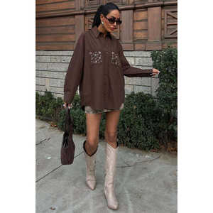 Camisa de Popelina Marrón con Detalle de Ojales Metálicos, Blusa Casual para Mujer, Cierre de Botones, Talla 3453 - Product Image 6