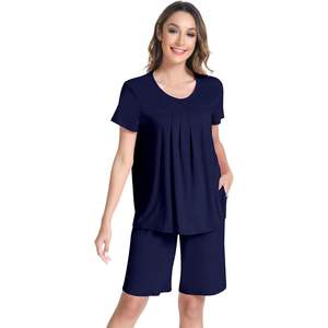Conjunto de Pijama de Viscosa de Bambú para Mujer al por Mayor, Manga Corta, Cuello Redondo, Top Plisado con Pantalones Cortos, Ropa de Dormir Suave y Cómoda - Product Image 1