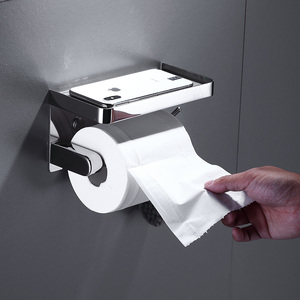 Porte-papier toilette mural en acier inoxydable avec étagère pour téléphone et crochet, accessoire de salle de bain moderne minimaliste SUS304 - Product Image 3