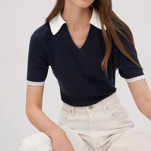 Fabricante de prendas de punto logotipo personalizado algodón seda punto bloque de color cuello vuelto manga corta Polo camiseta suéter para <span class=keywords><strong>mujer</strong></span> - Product Image 4