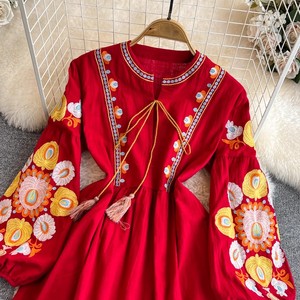 Unsize primavera/autunno lanterna a maniche lunghe abito <span class=keywords><strong>Midi</strong></span> girocollo ricamato girocollo a mezza lunghezza abito di lino di <span class=keywords><strong>cotone</strong></span> a maniche lunghe - Product Image 3