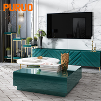 Table basse moderne carrée modulaire en 2 pièces PURUO, pieds en acier inoxydable doré, plateau en MDF et marbre pour salon