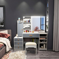 Ensemble de coiffeuse moderne européenne blanche avec miroir à 3 modes d'éclairage, tiroirs et tabouret pour appartement et hôtel