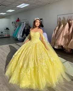 QD1581 2023 الأصفر الكرة ثوب Quinceanera فساتين رائع فساتين حفلات 3D الزهور مطرز الحلو 15 16 اللباس حزب ارتداء