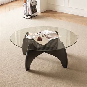 NKAHS Durable Modern Glass <b>Coffee</b> <b>Table</b> with Wood Frame <b>Small</b> <b>Round</b> Design for Living Room & Balcony Use - Product Image 1