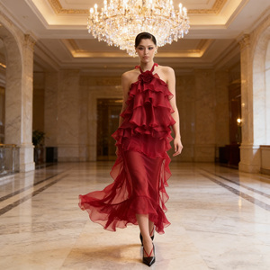 Nouvelle <span class=keywords><strong>Robe</strong></span> Longue Femme en Mousseline de Soie Coupe Trapèze Moderne Printemps 2026 de Haute Qualité avec Motifs Floraux à Volants en Cascade Entiers Séchage Rapide ROUGE - Product Image 4