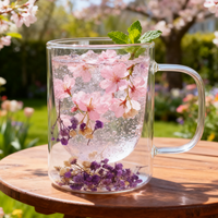 250ml 8OZ Tasse à café en verre résistant à la chaleur avec fleur sèche Tasse en verre à double paroi en borosilicate avec poignée
