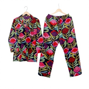 Women's Floral Printed Cotton Pajama Set Long Sleeve Full Length Soft Casual Sleepwear Turn-<b>down</b> Collar Drawstring <b>Pants</b> - Product Image 1