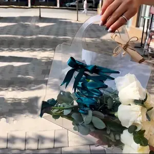 Tiktok Hot Selling New Wedding Gift Tote Bag PVC Plastic Transparent Folding Flower Packaging Bag For Bouquet