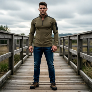 A-1 Men's Solid Long Sleeve Quarter Zip Top Knitted Fabric Quick Dry Breathable Outdoor <b>Layering</b> Shirt Arm Pocket - Product Image 2