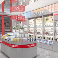 Comptoir d'îlot cosmétique incurvé sur mesure, design de magasin, vitrine murale avec éclairage LED, ensemble complet d'ameublement pour boutique de soins de la peau