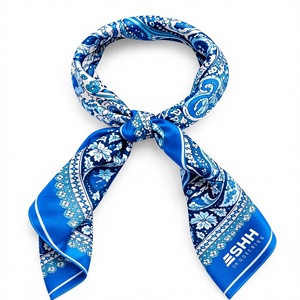 Women’s Blue Printed Satin <b>Scarf</b> Floral Paisley Pattern <b>Silk</b> Feel Square Neck Wrap Lightweight Fashion Accessory Custom Logo - Product Image 1