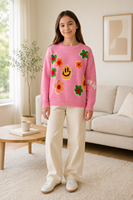 Pull en coton pur jacquard pour femme, col rond, manches longues, motif floral Smiley Face, coupe ample, style vintage rose